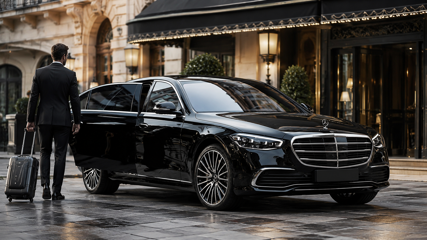 Luxury Mercedes-Benz S-Class chauffeur service outside a hotel