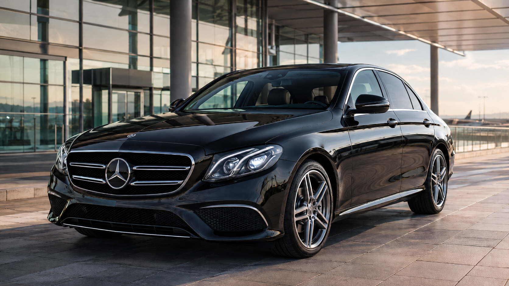 Mercedes-Benz E-Class executive chauffeur vehicle outside an airport terminal