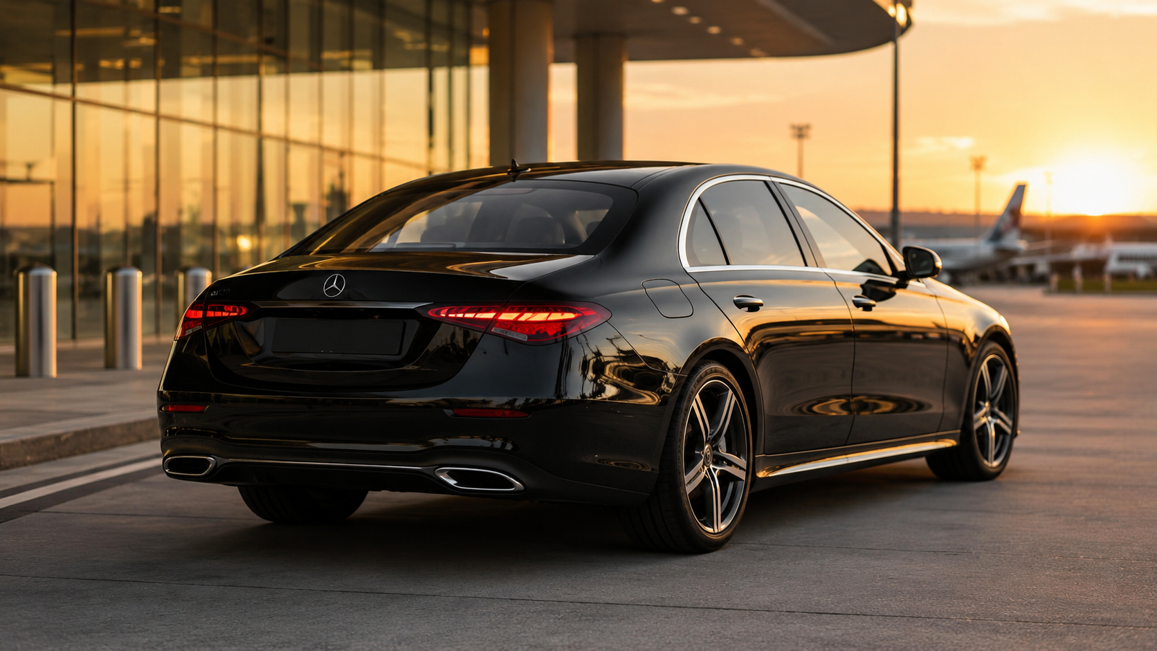 Executive chauffeur vehicle outside an airport terminal